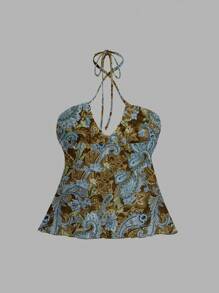 SHEIN ICON Women's Casual Vacation Ruched Chest Drawstring Halter Backless Bodycon Cami Tank Top, Suitable For Summer, Retro Vintage Style Paisley Print Y2K - Multicolor - View 2
