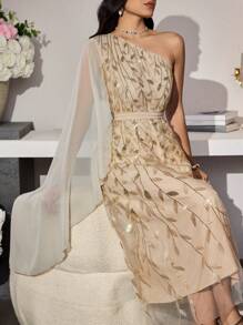 Modelyn Women's Luxurious Floral Sequins Embellished Chiffon One Piece Dress - Apricot - View 1