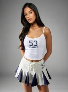 Missguided x Playboy Top tipo camiseta de tirantes con gráfico de número de estilo deportivo, de moda informal, de corte ajustado, tipo top corto con tirantes finos, para uso casual, entrenamiento, club, festivales