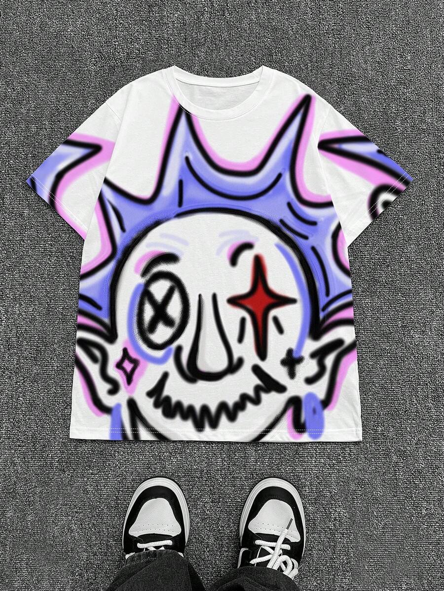 Manfinity Dauomo Summer Graffiti Street Style Graphic Print Men's Slim Fit Crew Neck T-Shirt - White - View 1