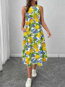 EMERY ROSE Vestido largo holgado hasta la rodilla con cuello redondo, estampado de limones y formas geométricas, adecuado para primavera/verano y vacaciones en la playa, talla grande - Multicolor - Ver 6