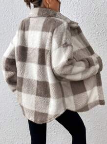 INAWLY Women's Plaid Fuzzy Single-Breasted Casual Loose Regular Jacket