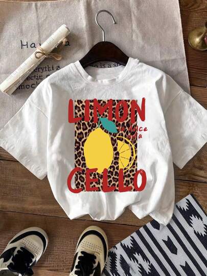 Glissea Women's White Short Sleeve Retro Casual Lemon Print T-Shirt