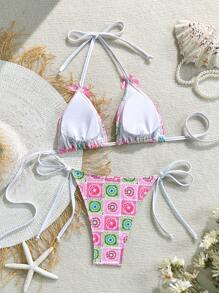 Swim Mod European & American Style Women's Sweet Bow Accessory Halter Top And Sexy Shorts Swimsuit Set For Summer Beach Vacation - Multicolor - View 2