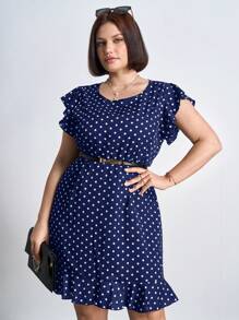 Chikora Plus Size Women's Casual Polka Dot Print Ruffle Trim Dress, Does Not Include Belt, For Summer,Office Outfits For Women