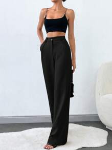 SHEIN Petite 100%Cotton Tall Women's Solid Slant Pocket Straight Leg Pants - Black - View 3