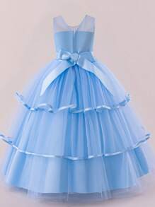 SHEIN Vestido elegante y lujoso de niña joven, cómodo, de manga larga, de tul azul multicapa, bordado, con falda esponjosa, adecuado para cumpleaños, fiestas y festivales