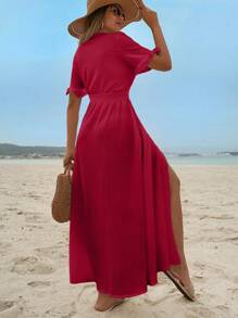 EURMUSE Solid Color Ruffle Trim Dress For Women, Button Front - Hot Pink - View 2