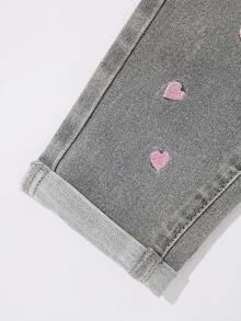 女婴爱心刺绣口袋休闲牛仔裤 - 灰色 - 查看 6