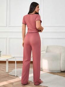 RueChic Femmes 2 Pièces Bas de pyjama de base avec détails de passepoil et de bordure en laitue en couleurs contrastées
