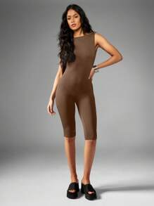 MISSGUIDED Sleeveless Bodycon Jumpsuit High Neck Capri Length Athleisure Workout Activewear One Piece Form Fitting Performance Exercise Fitness Yoga Dance Unitard - Coffee Brown - View 4