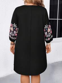 Breezaya Women Summer Plus Size Vintage Boho Floral V-Neck 3/4 Sleeve A-Line Dress,Black Autumn Knee-Length Casual Vacation Fashion Elegant Elastic Cuff Dress - Black - View 3