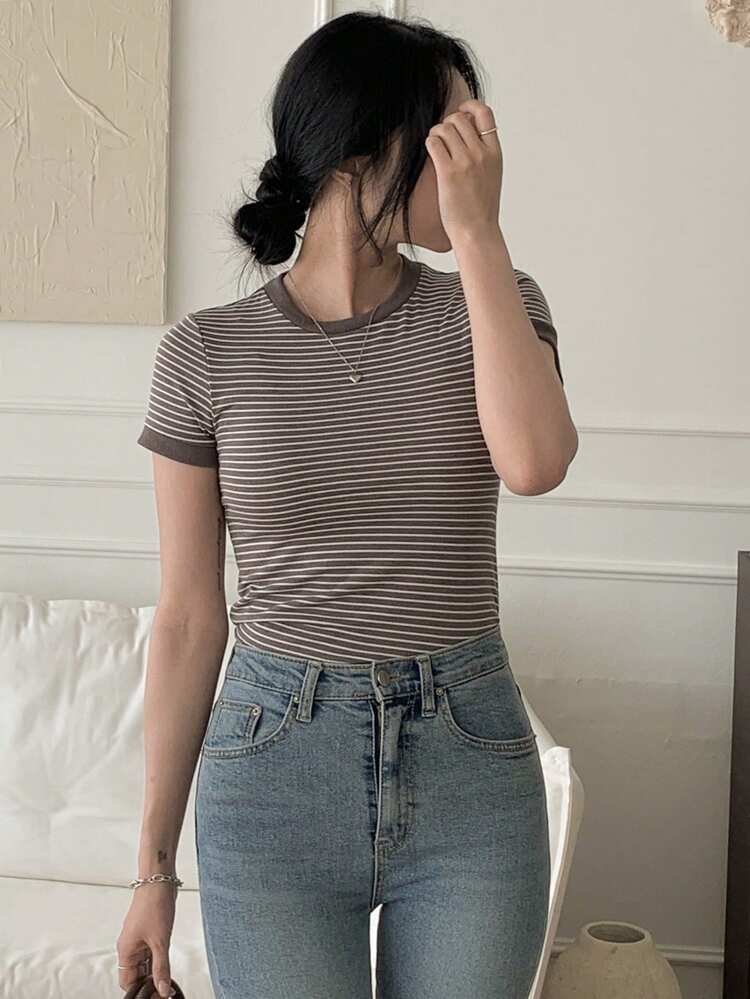 Women's Summer Casual Striped Short Sleeve Fitted T-Shirt