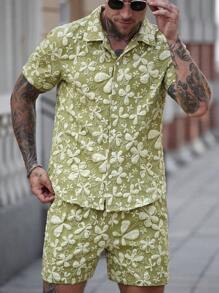 Manfinity RSRT 2pcs/Set Full Print Button Front Short Sleeve Shirt & Pocket Shorts Set - Green - View 3