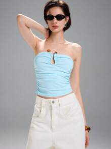 LYSMO Áo ống xếp ly Hook Adornment dành cho nữ - Hàng mới về Xuân/Hè 2025 - Màu xanh nhạt - Xem 7