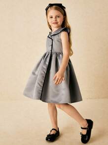 SHEIN Young Girls Elegant Gray Lapel Asymmetric Front Sleeveless Dress