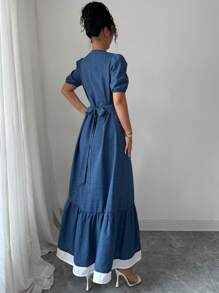 Elenzga Women's V-Neck Single-Breasted Puff Sleeve Ruffled Hem Casual Dress - Multicolor - View 2