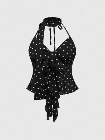 Top à bretelles avec encolure ras-du-cou, volants et imprimé pois dans un style sexy Y2K, pour femmes en grandes tailles