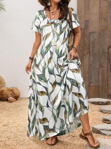 EMERY ROSE 大码女式蓝色花卉印花方领长裙