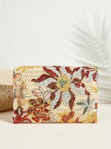 SHECARRY Women Floral Sequin Pattern Random Straw Clutch Bag - Beige - View 7