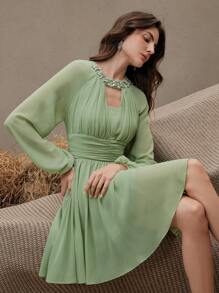 Anewsta Elegantes Chiffon Kleid mit geometrischem Muster und Langarm, geeignet für den Stadtbummel