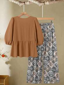 Linhara Plus Size Women's Tie-Front Blouse & Printed Wide Leg Pants Casual Two-Piece Outfit - Multicolor - View 2