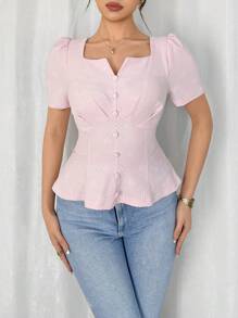 Firerie Damen neue kombinierbare Einfarbige quadratische Ausschnitt Struktur Jacquard Oberteil, elegantes Sommer Blumen Oberteil/Süße Sommer Oberteile/Sommer Outfits für Frauen/Boho Frauenkleidung/Strandurlaub Outfits/Festival Outfits/Sommerurlaub am Meer Outfits/Festival Kleidung