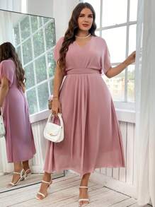 Reflora Plus Size Elegant Solid Color V-Neck Batwing Sleeve Dress, Summer - Dusty Pink - View 4