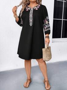 Breezaya Women Summer Plus Size Vintage Boho Floral V-Neck 3/4 Sleeve A-Line Dress,Black Autumn Knee-Length Casual Vacation Fashion Elegant Elastic Cuff Dress - Black - View 4