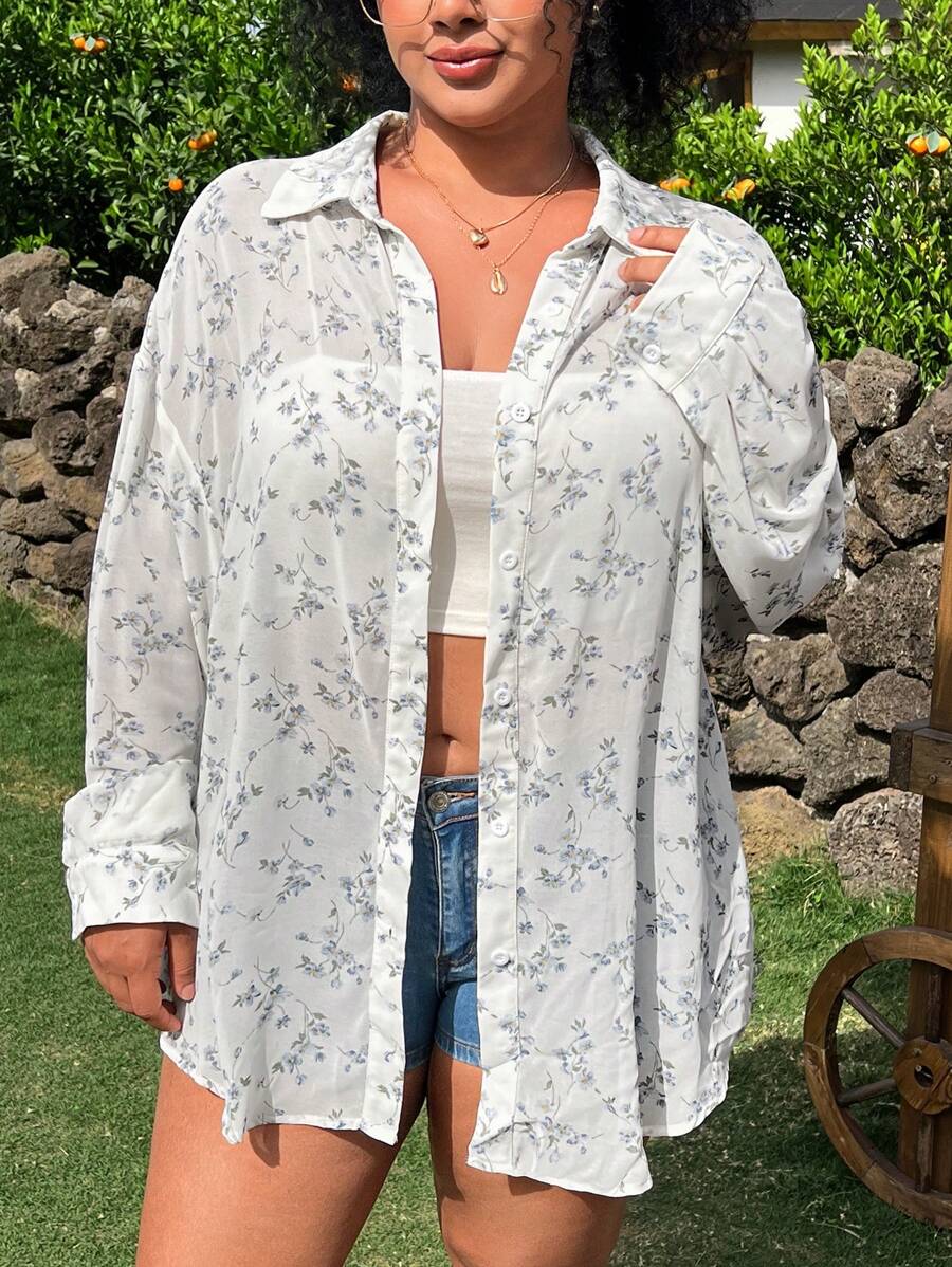 SHEIN EZwear Plus Size Spring Ditsy Floral Semi-Sheer Chiffon Blouse - Multicolor - View 1