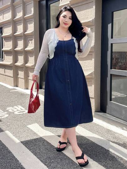 SHEIN ICON 大码女式复古学院风优雅海军蓝牛仔背带裙，夏季