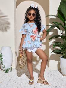 SHEIN SLAYR Tween Girl Tween Girl Tropical Print Flounce Sleeve Peplum Blouse - Baby Blue - View 4