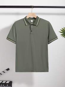 SHEIN 青少年男孩撞色 Polo 领军绿色休闲 Polo 衫，时尚、简约、百搭、可爱、柔软舒适，适合日常穿着、上学、旅行、运动、海滩度假 - 軍綠色 - 查看 3