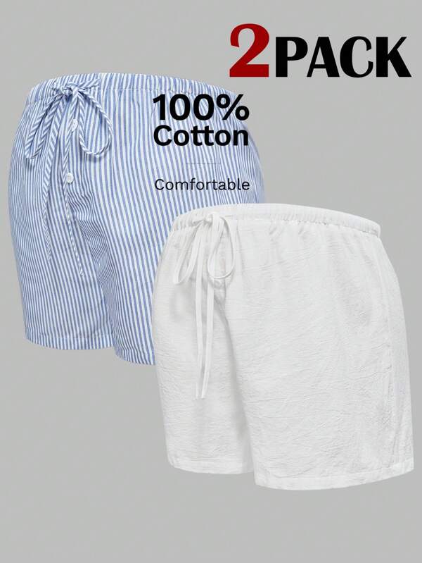 Modmama Maternity Casual Knitted Fabric Shorts: Comfortable And Stylish Blue & White Striped And Solid White Shorts With Drawstring And Elastic Waist For Everyday Wear