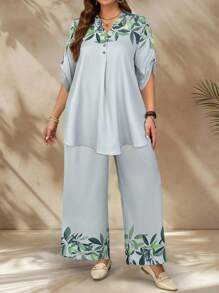EMERY ROSE Set da 2 pezzi di camicia con volant e pantaloni con stampa floreale, per taglie forti da donna, adatto per vacanza