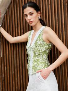 Chiquease 女士 V 领无袖贴花饰边衬衫 - 綠色 - 查看 3