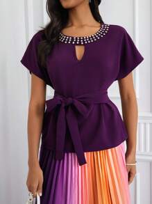 SHEIN Clasi Conjunto de 2 piezas de blusa y falda para mujer con cintura anudada, plisada y degradada con detalles de pedrería - Morado - Ver 5