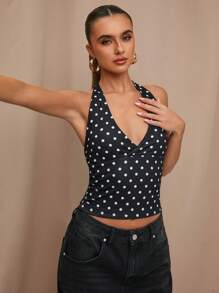 SHEIN BAE Casual Summer Black Polka Dot Printed Halter Neck Top, Suitable For Breakfast, Outings, Dates, Commuting, Cruise Outfits, Ibiza Outfits