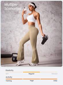 SHEIN Sports 女士纯色修身休闲运动裤，简约风格，适合日常穿着 - 卡其色 - 查看 5