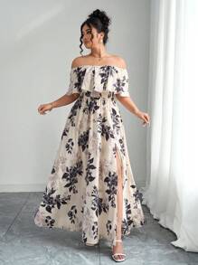 Elenzga 2025 夏季新款大码女装时尚花卉印花露肩荷叶边露肩收腰修身长裙，适合度假、约会、通勤、旅行等 - 彩色 - 查看 5