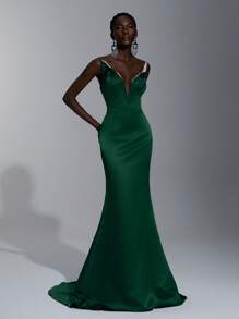 Elitara Elegant And Gorgeous Dark Green Elastic Knitted Handmade Pearl Rhinestones Avant-Garde Special-Shaped Tie High Waist Slim Fishtail With A Hem Dress Suitable For Dating Single Party Cocktail Party Dance Formal Occasion Evening Party Formal Occasion Dinner Dress, Gown, For Wedding Guest
