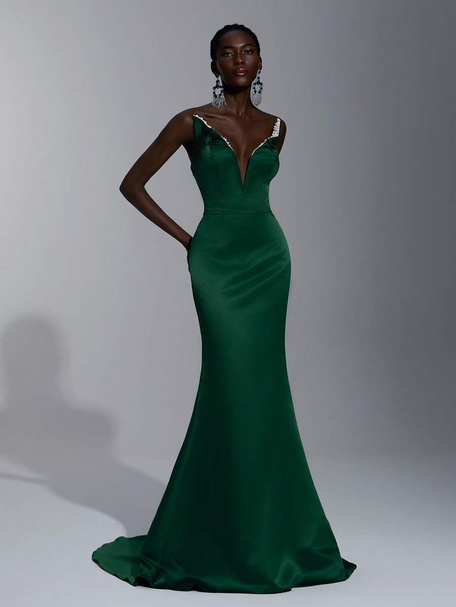Elitara Elegant And Gorgeous Dark Green Elastic Knitted Handmade Pearl Rhinestones Avant-Garde Special-Shaped Tie High Waist Slim Fishtail With A Hem Dress Suitable For Dating Single Party Cocktail Party Dance Formal Occasion Evening Party Formal Occasion Dinner Dress, Gown, For Wedding Guest