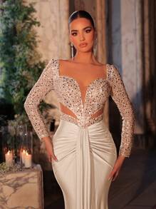Glamrae 优雅奢华透明长袖串珠亮片拼接弹力针织鱼尾下摆连衣裙，适合婚礼、派对、蜜月、舞会、晚礼服（重饰）、正式场合、婚礼宾客 - 香檳色 - 查看 1