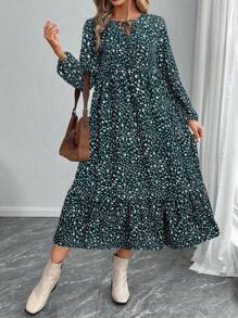 EMERY ROSE Women's Ditsy Floral Tie Collar Ruffle Hem Dress - Army Green - View 4