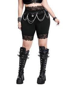 Whyspr Casual Punk Plus Size High Waisted Elastic Solid Color Contrast Lace Leggings - Black - View 3