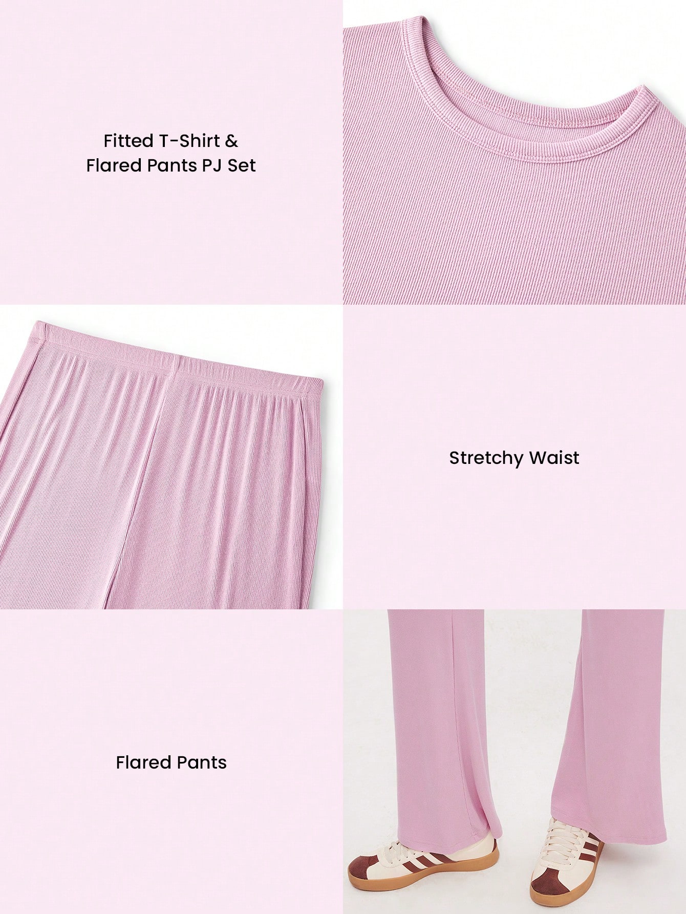 Conjunto de pijama informal de verano súper suave con top de cuello redondo de manga corta y pantalón acampanado, de punto elástico rosa, informal y deportivo. Conjunto de lencería activa cómoda y adecuado también para adolescentes, jóvenes y niñas.