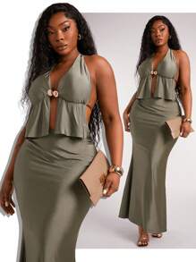 SHEIN SXY Plus Size Women 2pcs Set Summer Vacation, Metal Shell Clasp Decorative Halter Sexy Open Back Top & Fish Tail Maxi Skirt 2 Pieces Set, Suitable For Everyday Wear, Music Festival, Concert, Carnival Party, Beach Vacation, Date Night, Birthday, Bachelorette Party Outfit, Club, Cute, Casual, Shopping, Streetwear, Going Out, Easy To Match & Looks Slim, Accent Your Body, Flatter The Figure - Green - View 1