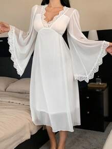 DAZY Romantic Lace And Mesh Patchwork Long Waist-Cinched Women's Nightgown Pajama - White - View 4