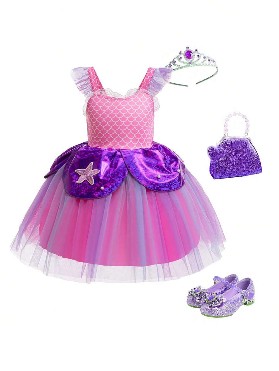 SHEIN Glamorique Kids Young Girls Mermaid Princess Formal Dress Princess Outfitkids Party Outfitblue Outfits For Girls Girls Birthday Outfit Sets Purple Outfits For Girls Princess Outfit Girls Girls Dress Up Clothes Fall Winter