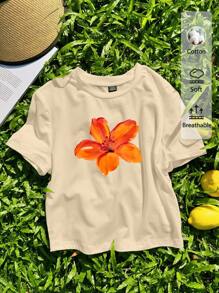 SHEIN EZwear Casual Minimal Romantic Hibiscus Flower Print Round Neck Short Sleeve Cropped Fitted Women Summer T-Shirt Pullover  Natural - Beige - View 10